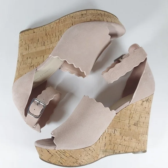 Marc Fisher HAYO Blush Pink Suede Cork Heel Wedges Scalloped Detail Size 11 - Picture 2 of 11